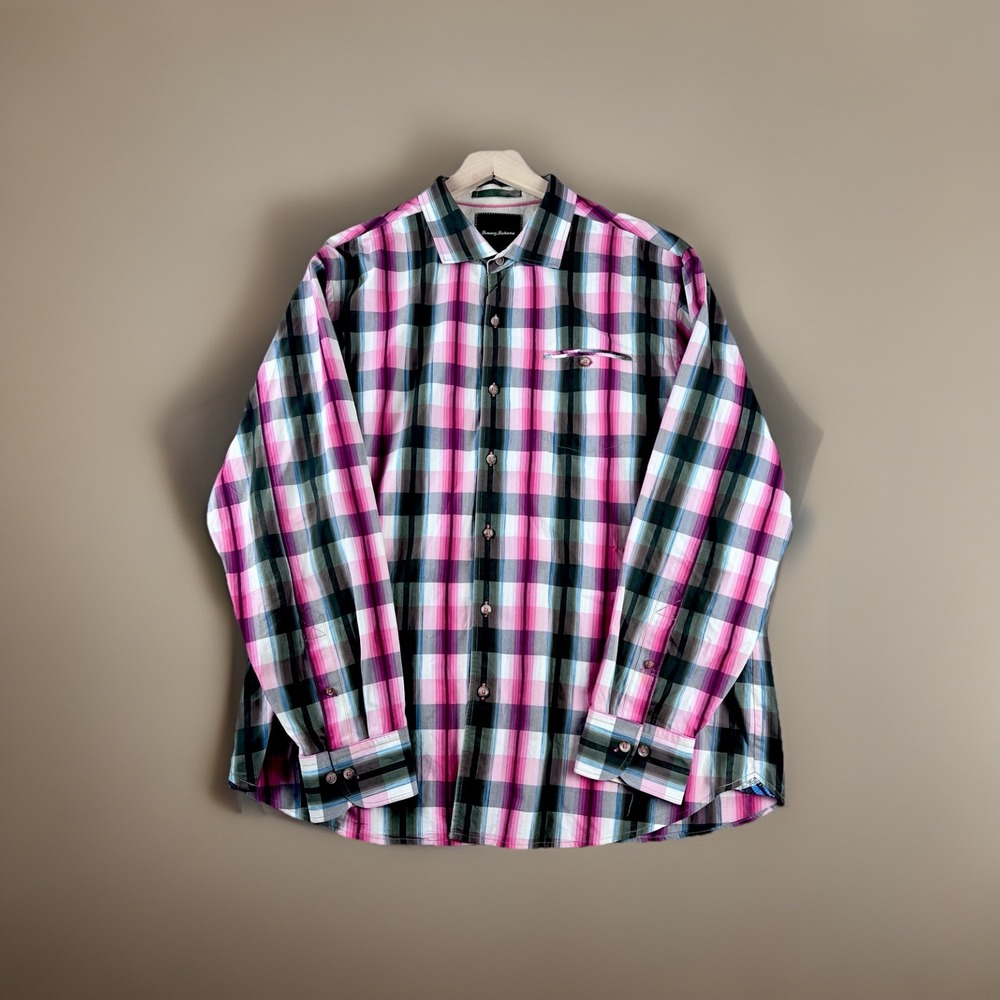 Tommy Bahama Luxury Shirt Mens Size XL 100% Cotton Long Sleeve Pink Plaid Check